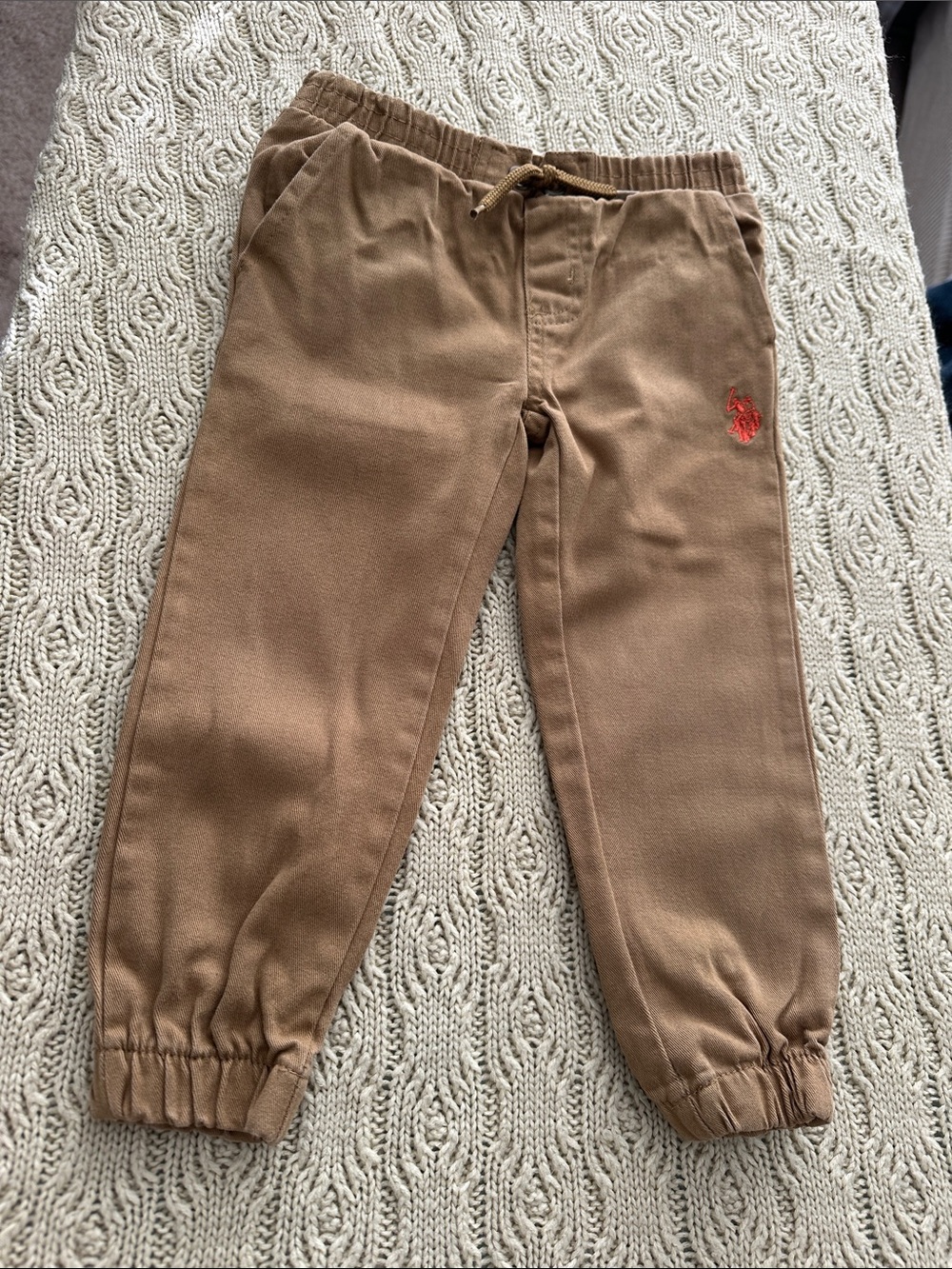US Polo Kids Brown Pants with Red Logo Embroidery 3T